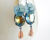Blue Amber Rhinestone Earrings Vintage Glass Cuba Jewel Amber Blue Peach Floral Victorian Jewelry
