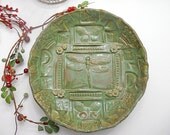 Ceramic Dragonfly Bowl Emerald Green Deocrative Bowl 12"  with feet Mothers day gift