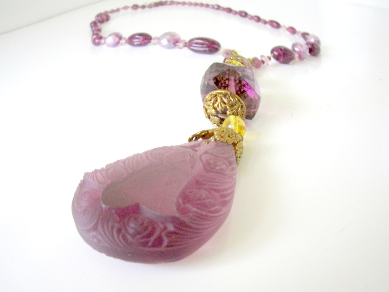 Vintage Purple Amethyst Crystal Pendant Necklace  W Germany Carved Amethyst Art Glass