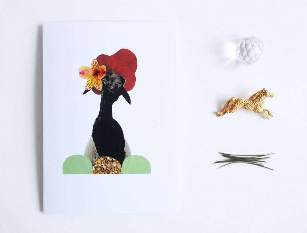 a6 paper handmade greeting card - unique, collage, animal, goat, flowers