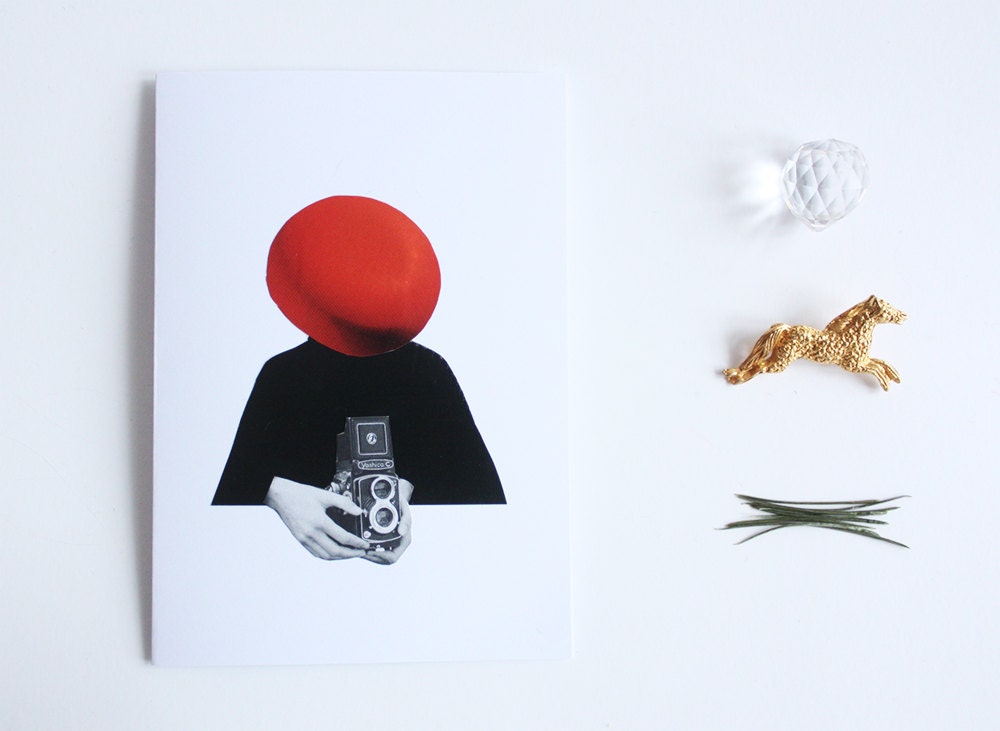 a6 paper handmade greeting card - unique, collage, woman, vintage camera, retro