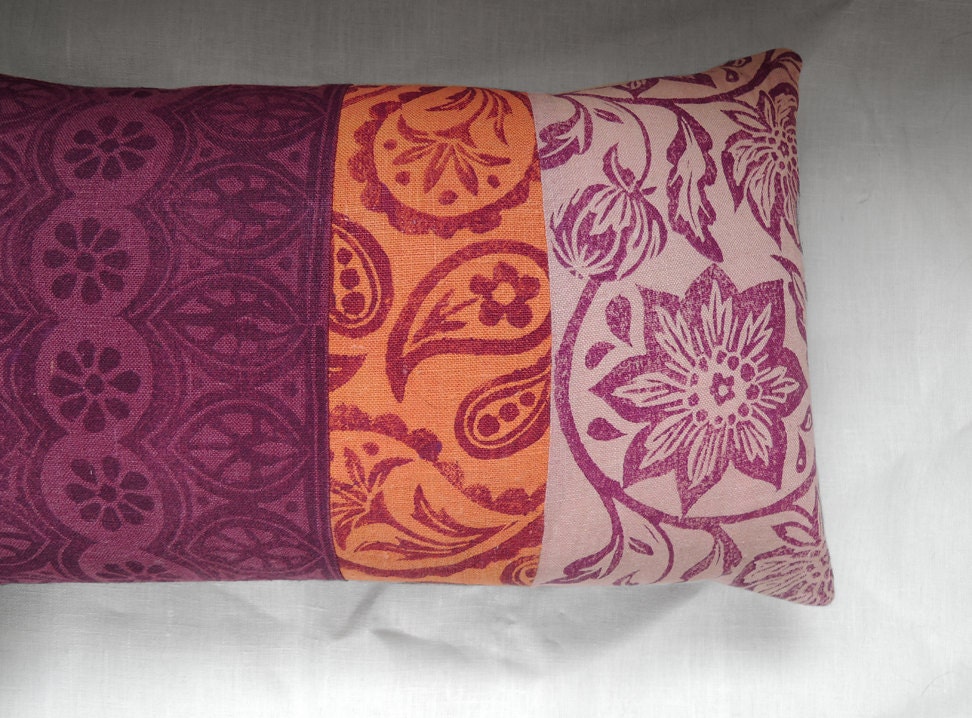 Wild Cherry, Orange and Mauve Patchwork Tropical Butterfly Hand Printed Home Decor Linen Pillow