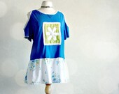 Cobalt Blue Plus Size Women's Shirt 1X Eco Friendly Clothes Lime Green Daisy Cut Out Shoulders Upcycled Top Bohemian Clothing 'GEORGIA'