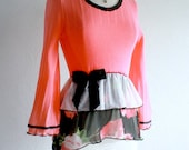 Upcycled Vintage Neon Pink Women's Top Romantic Clothing Boho Chic Shirt Bell Sleeves Retro Clothes Peplum Top XS Small 'NINA'