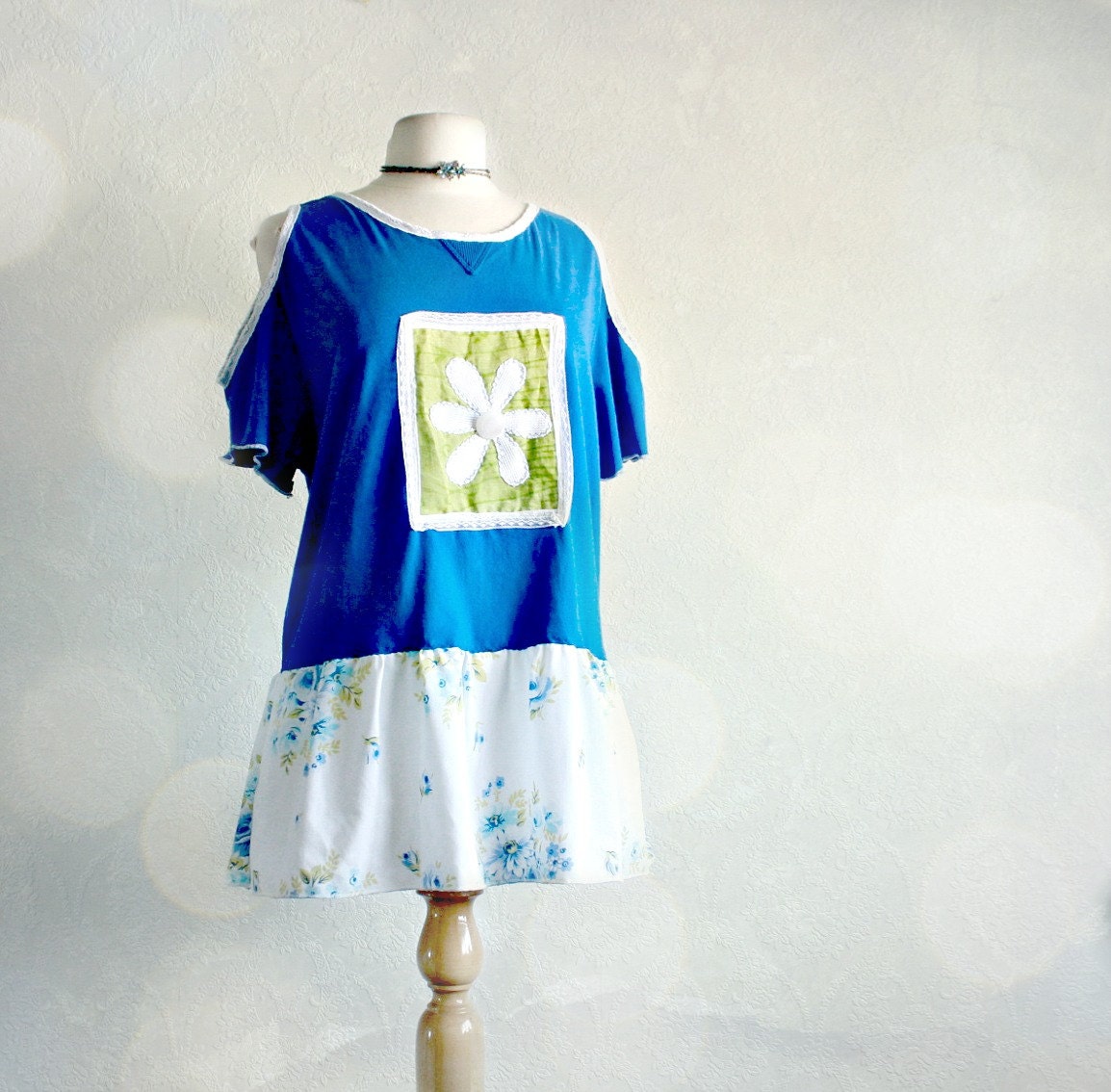 Cobalt Blue Plus Size Women's Shirt 1X Eco Friendly Clothes Lime Green Daisy Cut Out Shoulders Upcycled Top Bohemian Clothing 'GEORGIA'