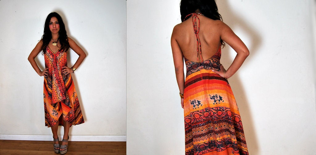 Upcycled Vintage Red Ethnic Multi Stripe Backless Hi Low Halter Dress S