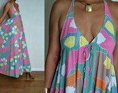 Vtg SEXY Pastel Deco Floral Plunging Backless Hollywood Glam Halter Maxi S/M