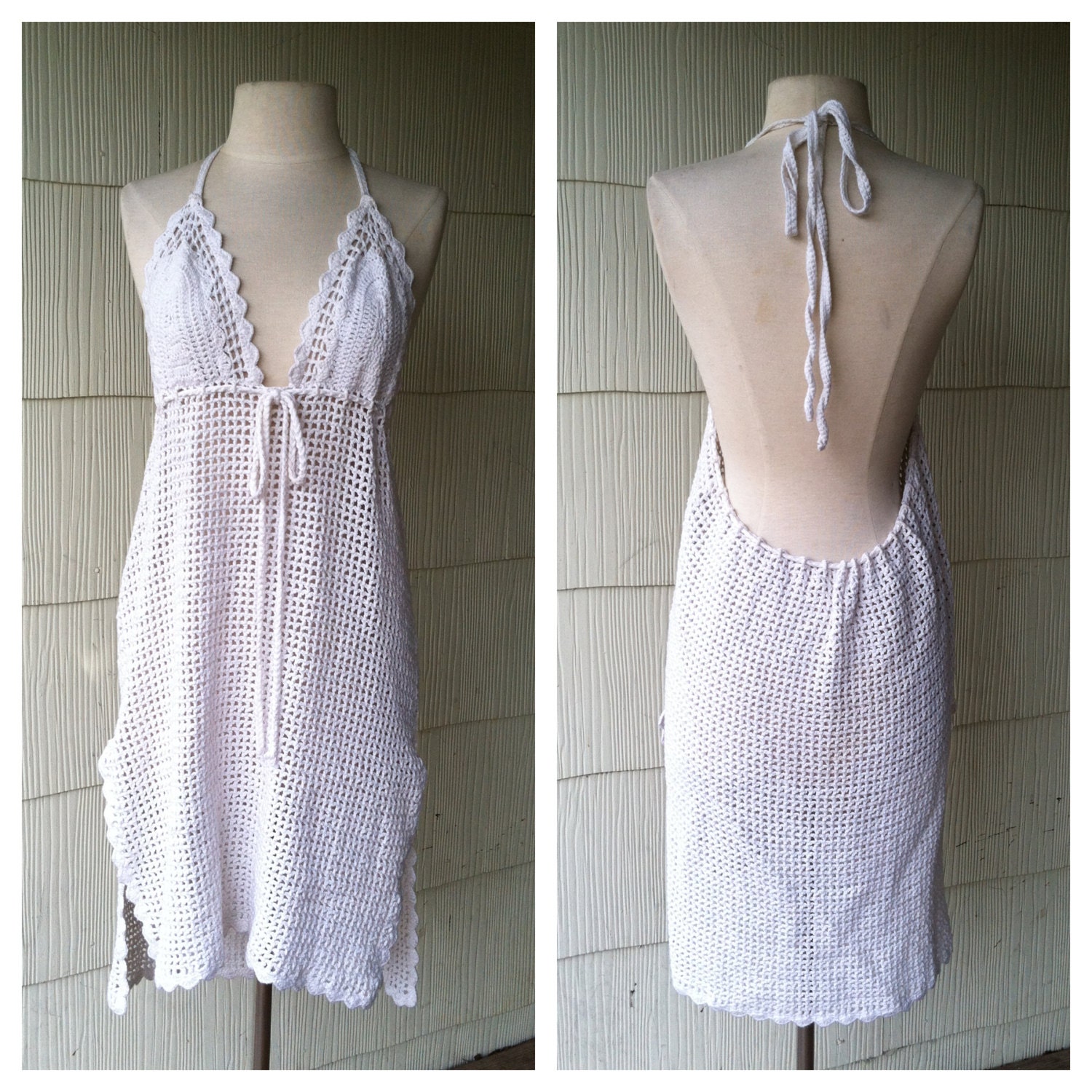 VINTAGE rare 60s hand knit crochet white halter dress