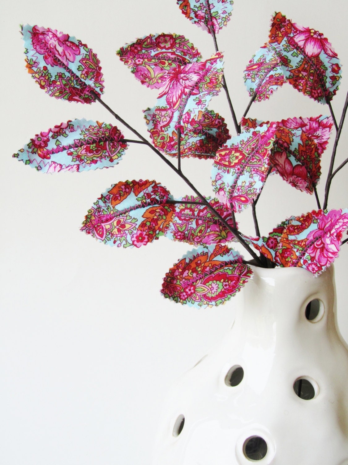 Fabric Leaves- Turquoise Blue Raspberry Pink Paisley Branches Mother's Day Gift Idea