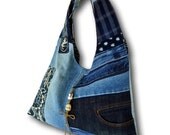 Recycled Old Jeans & Old Hand-dyed Indigo Fabric Hobo Bag