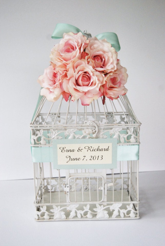 Custom LARGE Wedding Birdcage Card Holder Money Holder - Blush Pale Pink & Mint Green