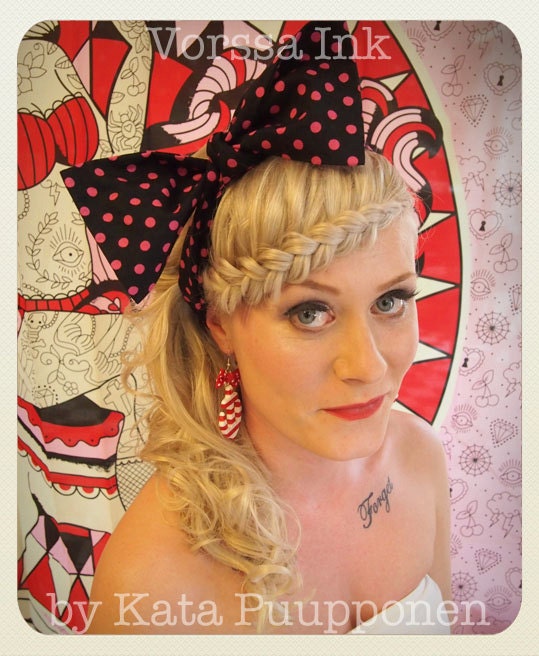 Pin Up -style polka dot Hair Bow scarf, black pink