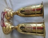 Pair Big Brass Ecclesiastical Church IHS Vases for Altar or Grotto