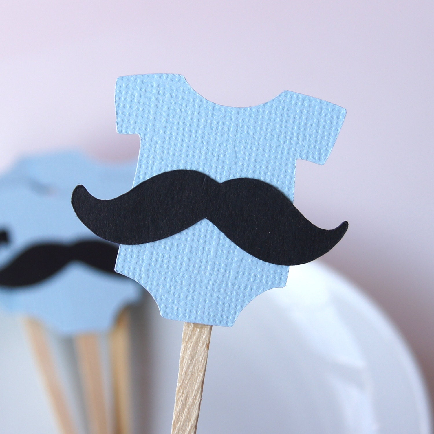 12 Little Man Mustache Baby Onesie Cupcake Toppers or Party Picks in Jetstream Blue
