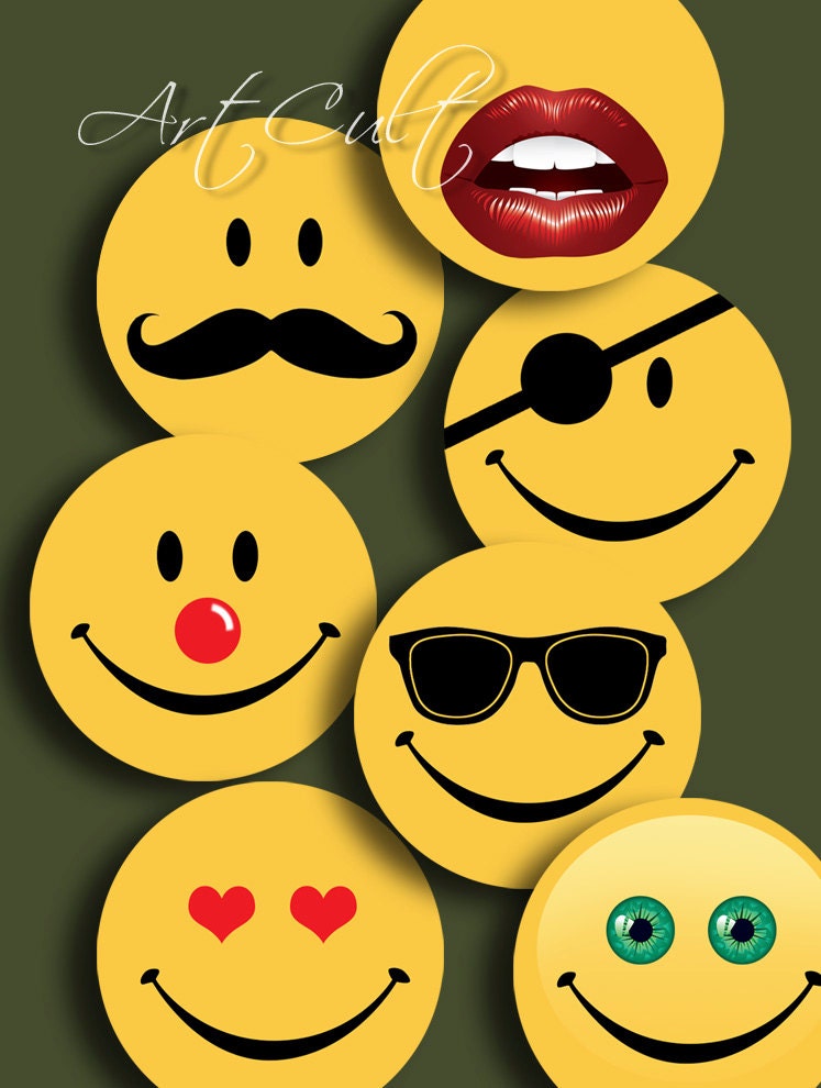 FUNNY SMILEY FACES - Digital Collage Sheet 1 inch and 1.5 inch  size Printable download images for pendants, magnets, bottlecaps