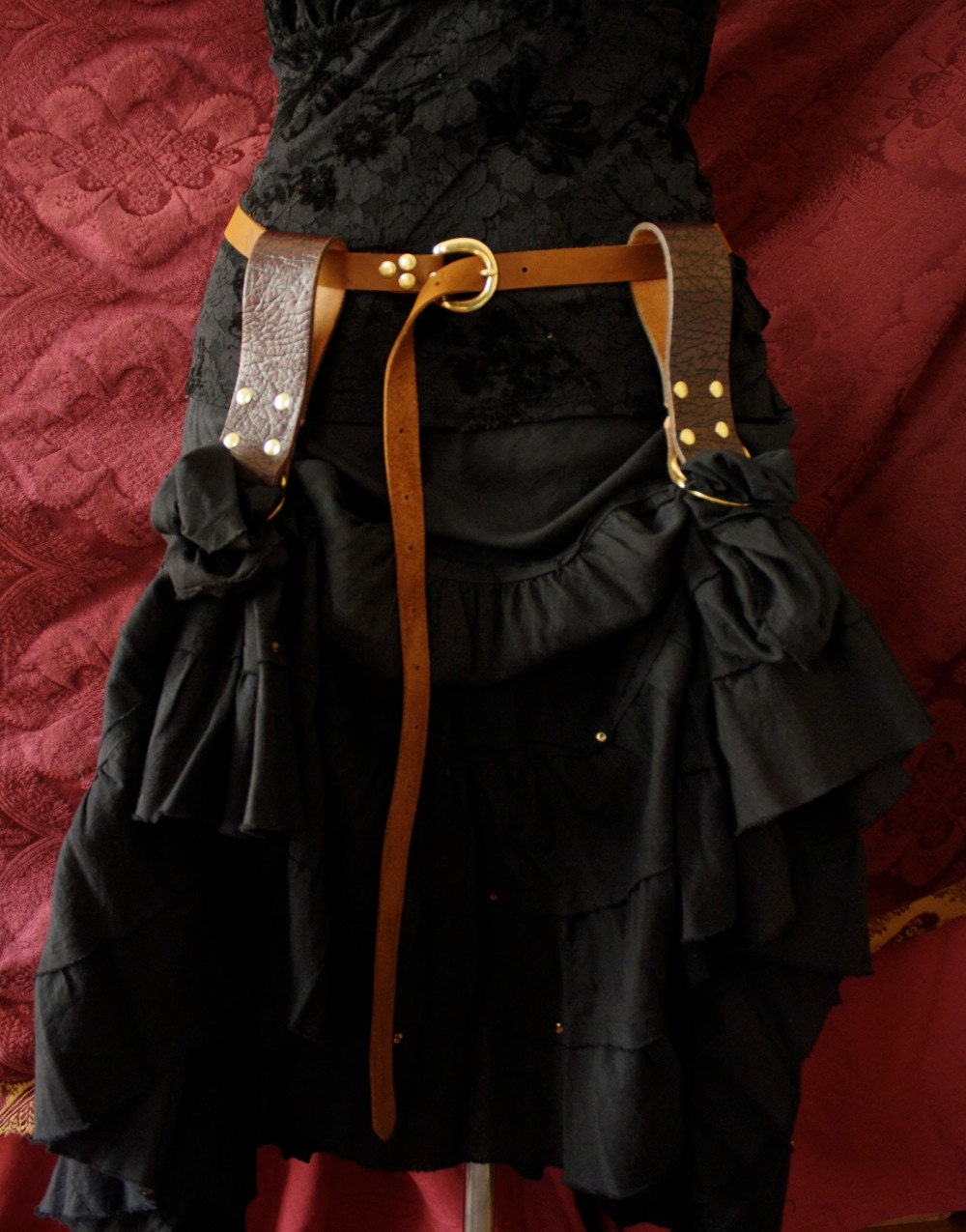 Steampunk Skirt Hikes / belt loop stuff hanger -  Renaissance Faire, brass,  upcycled oxblood brown leather,  Garb, LARP