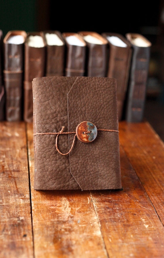 Brown Leather Journal with Handmade Ceramic Button