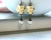 An Ivory Star Flower Bouquet Bloom Ivory Pearl Antiqued Brass Dangle Earrings. Fall. Autumn. Bridesmaid Wedding Gift. Bridal Earrings.