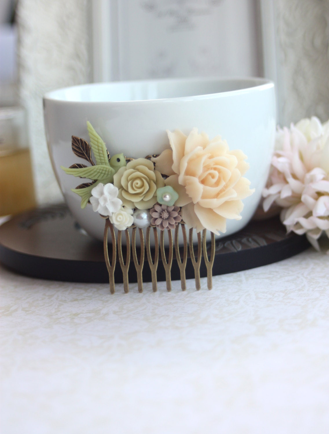 Large Ivory Rose Flower, Flying Bird, Latte Rose, White, Brass Leaf, Vintage Style Collage Hair Comb. Bridesmaids. Green Nature Wedding.