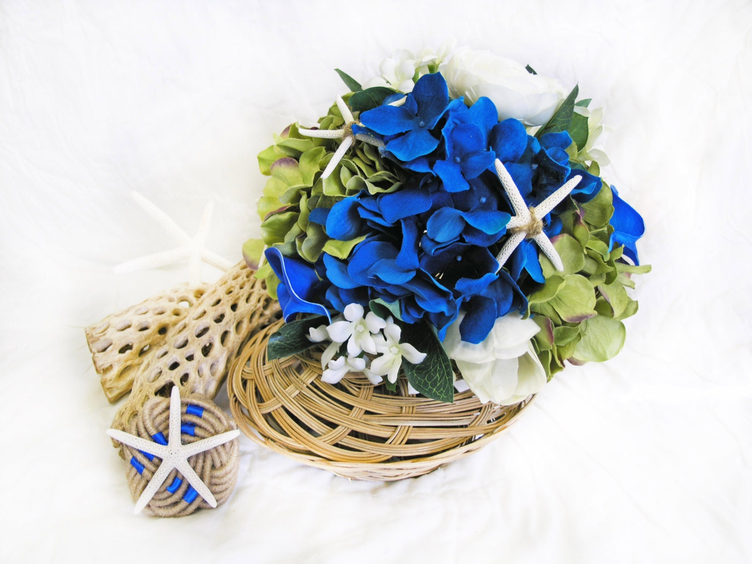 Nautical Starfish Bridal Bouquet Blue Silk Wedding Flowers Set