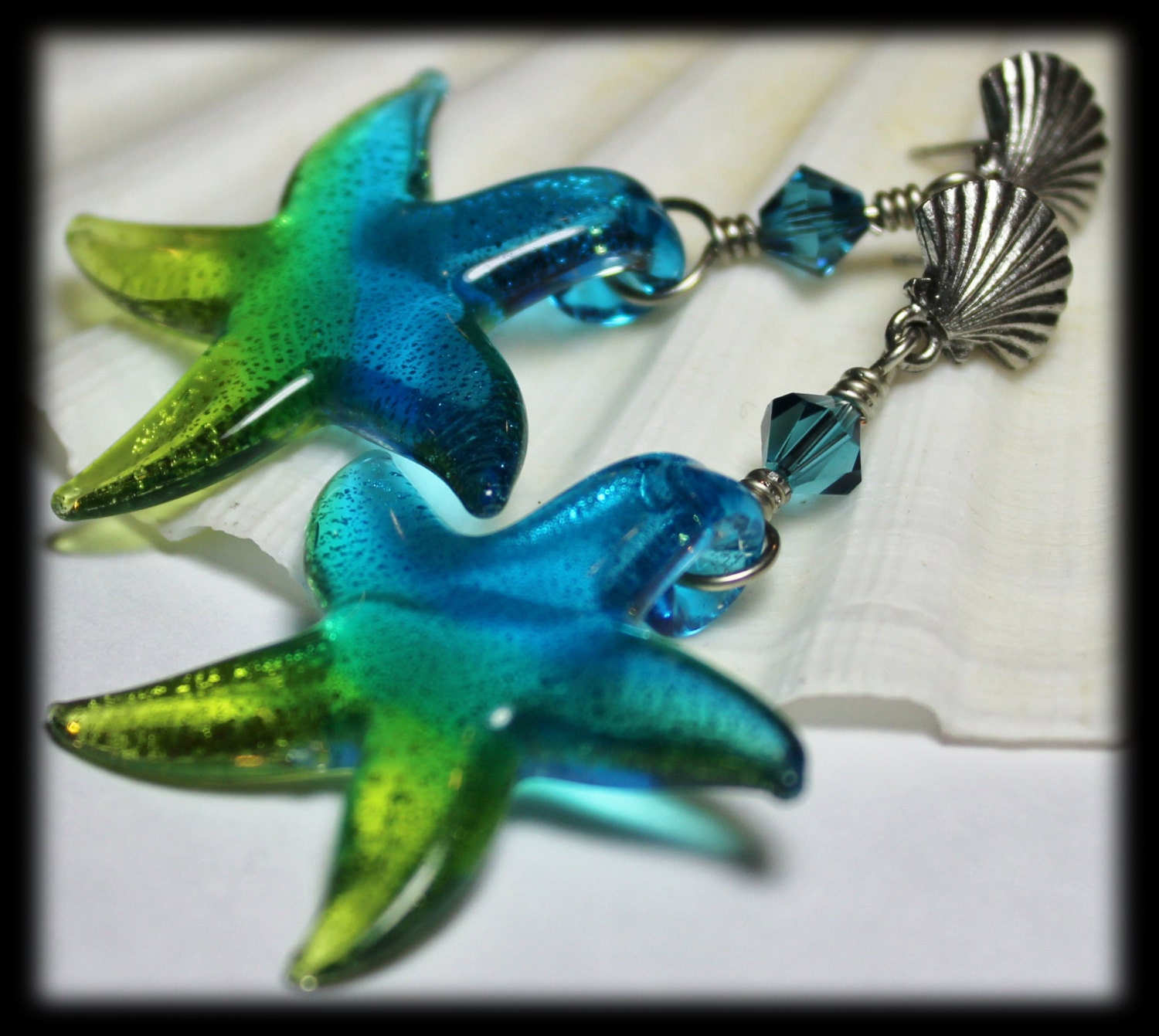 Handmade Jewelry Earrings Beaded Seashell Starfish Beach Silver Cobalt Blue Aqua Dichroic Glass Crystal Star Fish Sea...Caribbean Stars