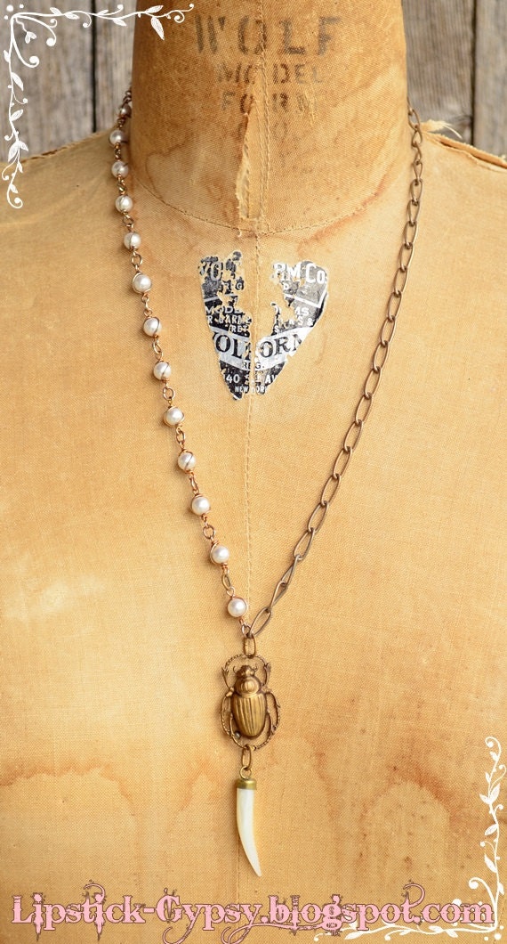 SCARAB BEETLE -Vintage Brass Beetle Specimen Peal/Chain Mother of Pearl Horn Toggle Clasp
