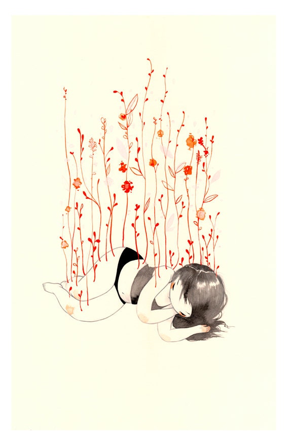 Hibernating - 11x17in Fine Art color archival print - Delicate Pencil and Ink Drawing