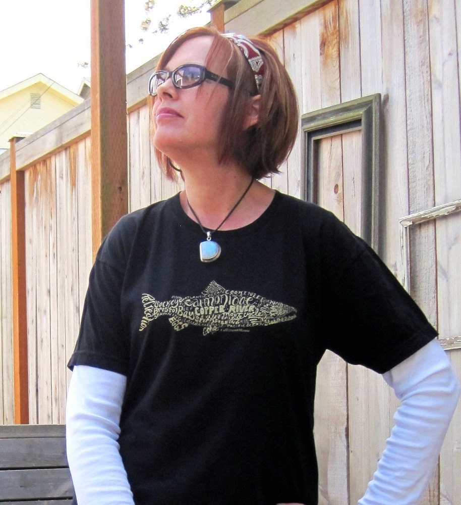 Alaska Salmon T Shirt on Unisex American Apparel, Calligram Fish Shirt, Screen Print Salmon Art Typography XS, S, M, L, XL