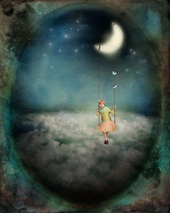 Wall Art for Nursury Photo Collage Swing Clouds Shades of Blue Twilght Moon Photography 8x10 Print - The Secret Swing