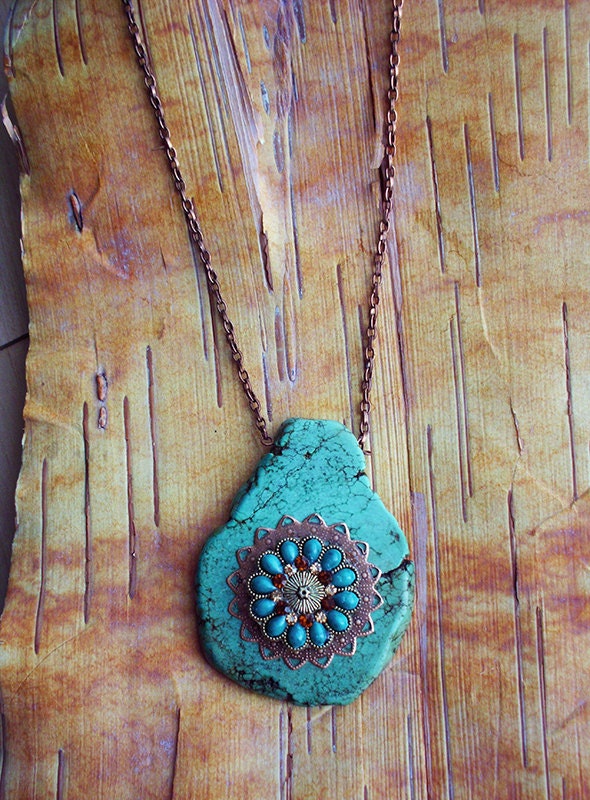 Turquoise Flower Burst Copper Bohemian Necklace Boho Hippie Stone Tribal Copper Native American Inspired