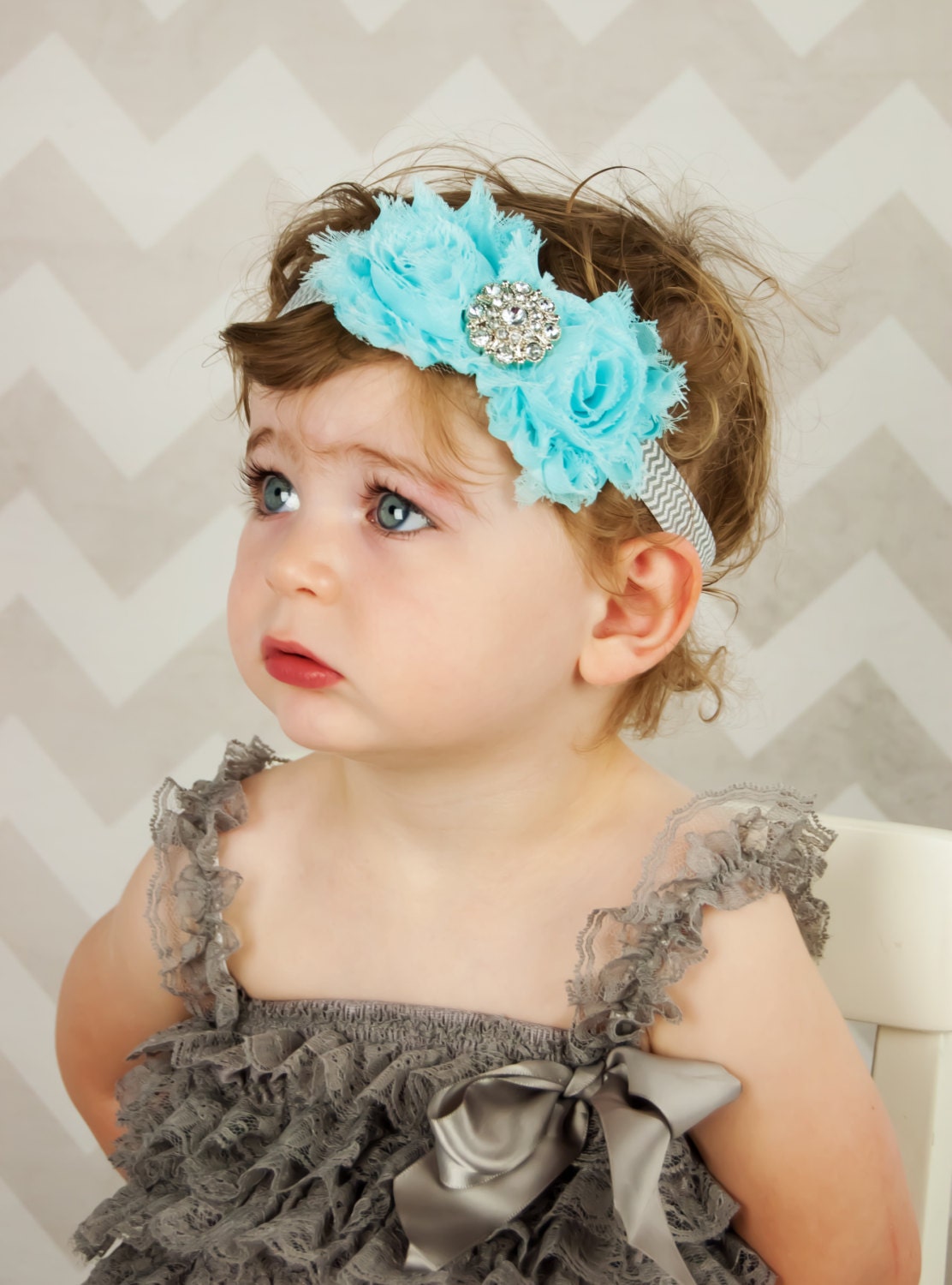 Turqouise Rhinestone Shabby Flower Elastic Chevron Headband