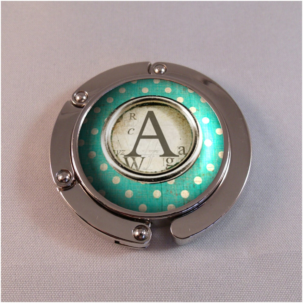 Teal Dots Personalized Initial Folding Purse Hanger Bag Hook With Gift Tin - Great bridesmaids gift - Keep your bag off of the floor