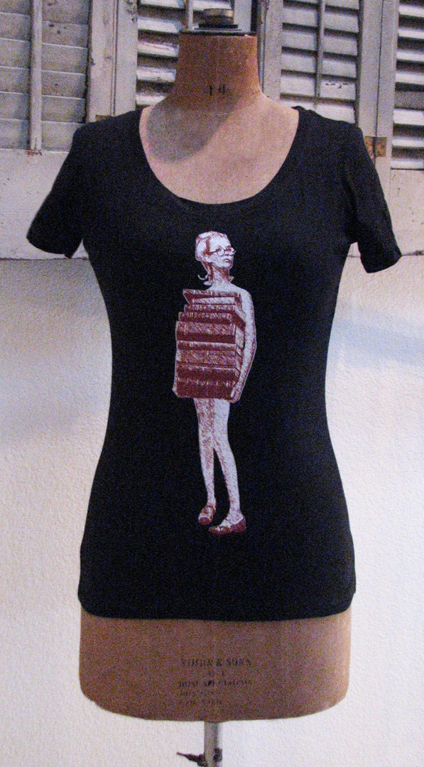 book shirt - vintage design JUST BOOKS shirt - women's black scoop neck book t shirt