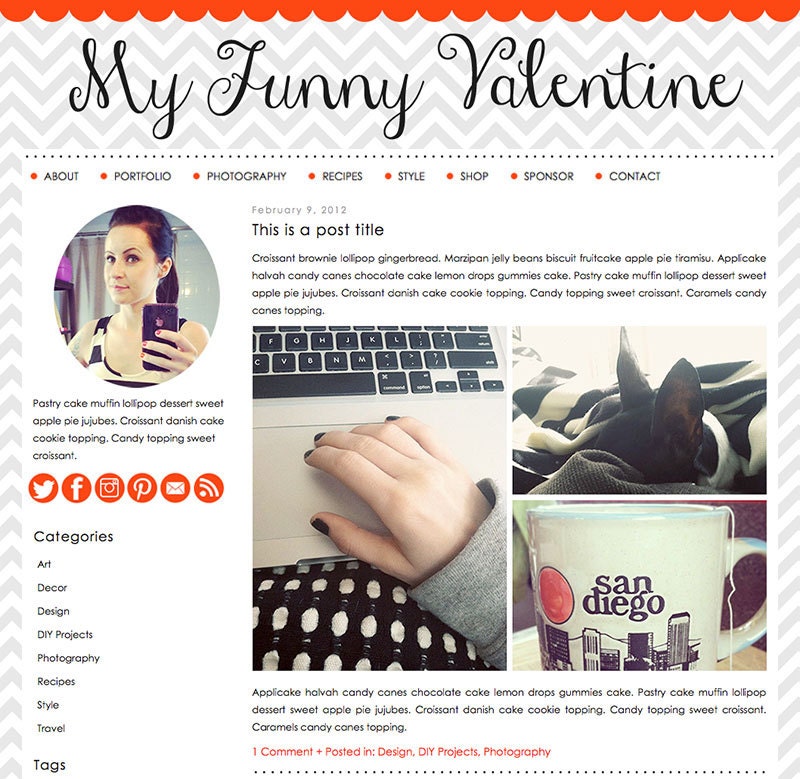 Self-Hosted Wordpress Premade Blog Theme: Valentine - minimalist, red, coral, chevron, template, twitter, icons, scalloped, hand drawn