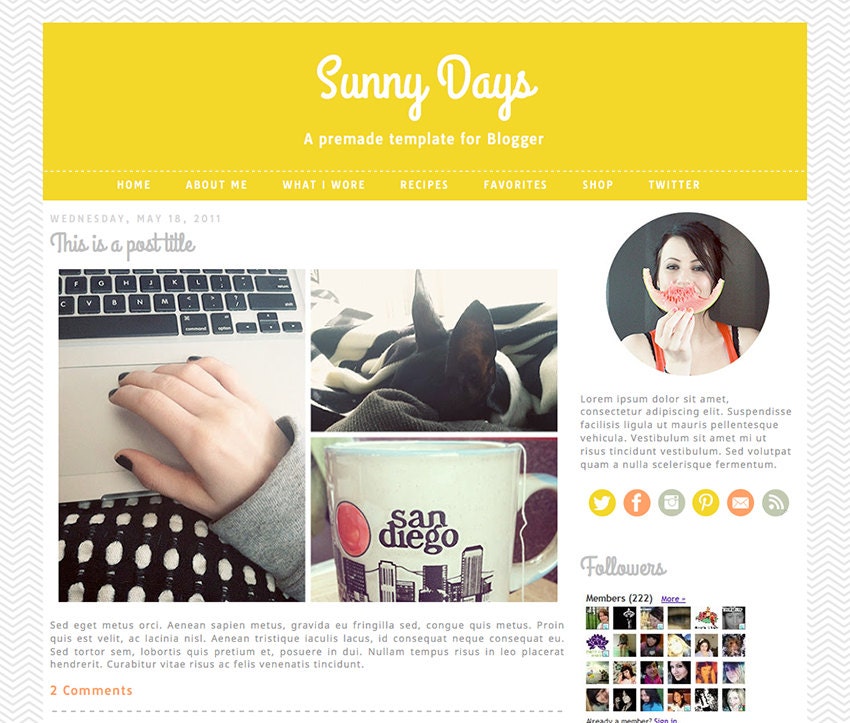 Blogger Premade Template: Sunny Days - peach, orange cursive, minimalist, blog, theme, chevron, yellow, gold, gray