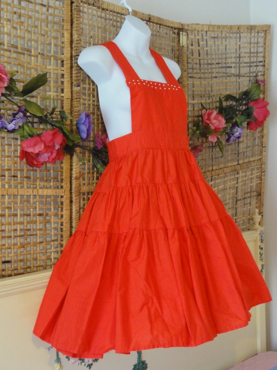 Vintage Red Square Dance Swing Dress Jumper-Full Skirt-Rhinestone Trim-Sz Small