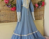 Vtg 70's Gunne Sax Boho Hippie Prairie Corset Blue Maxi Wedding Dress- X-Small