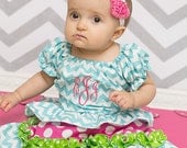 Aqua Chevron Peasant Top and Hot Pink Polka Dot Ruffle Pants - free monogram - sizes 12mos - 6