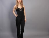 70s Boho Glam FRINGE JUMPSUIT / Black Crochet Trim Jumper, xs-s