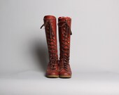 60s Lace-Up TALL BOOTS / Cinnamon Brown Boho Knee Boots, 7.5