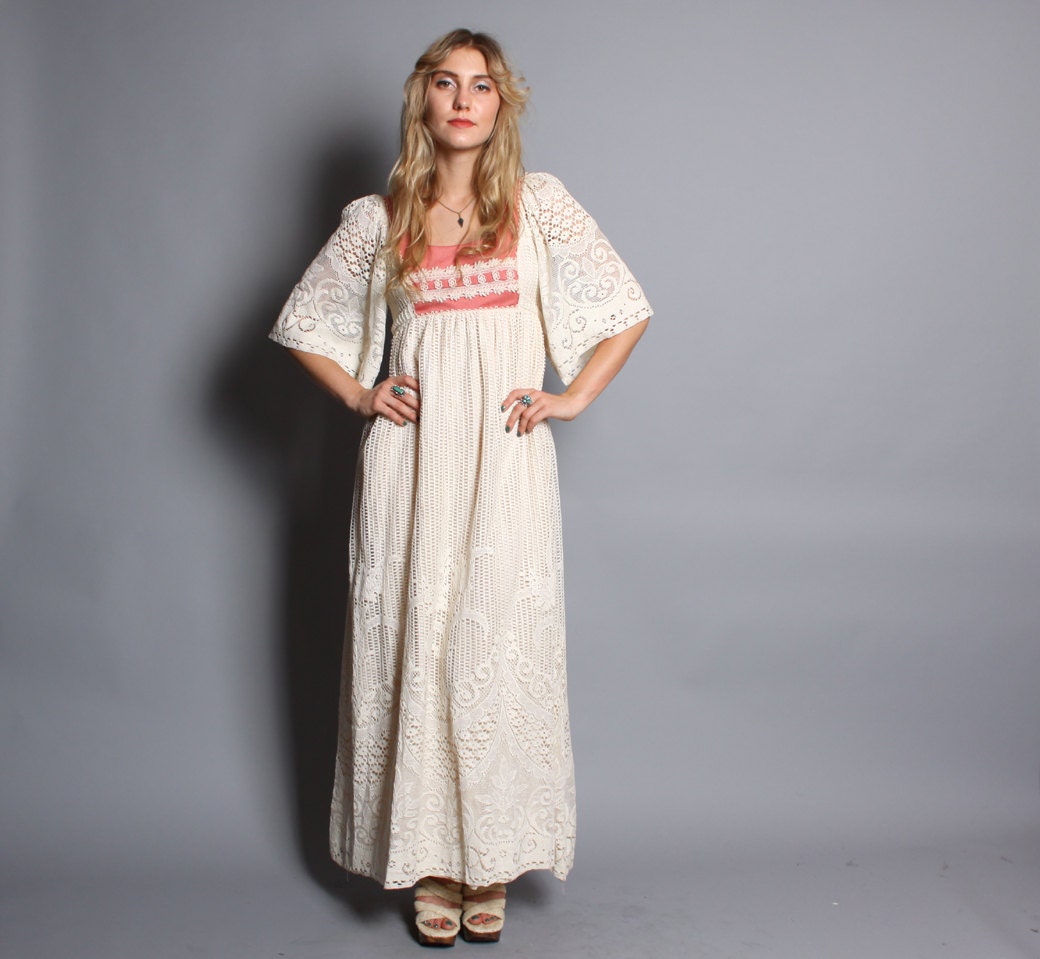 1970s CROCHET MAXI DRESS / Pink Trim Empire Waist Hippie Dress, xs-s