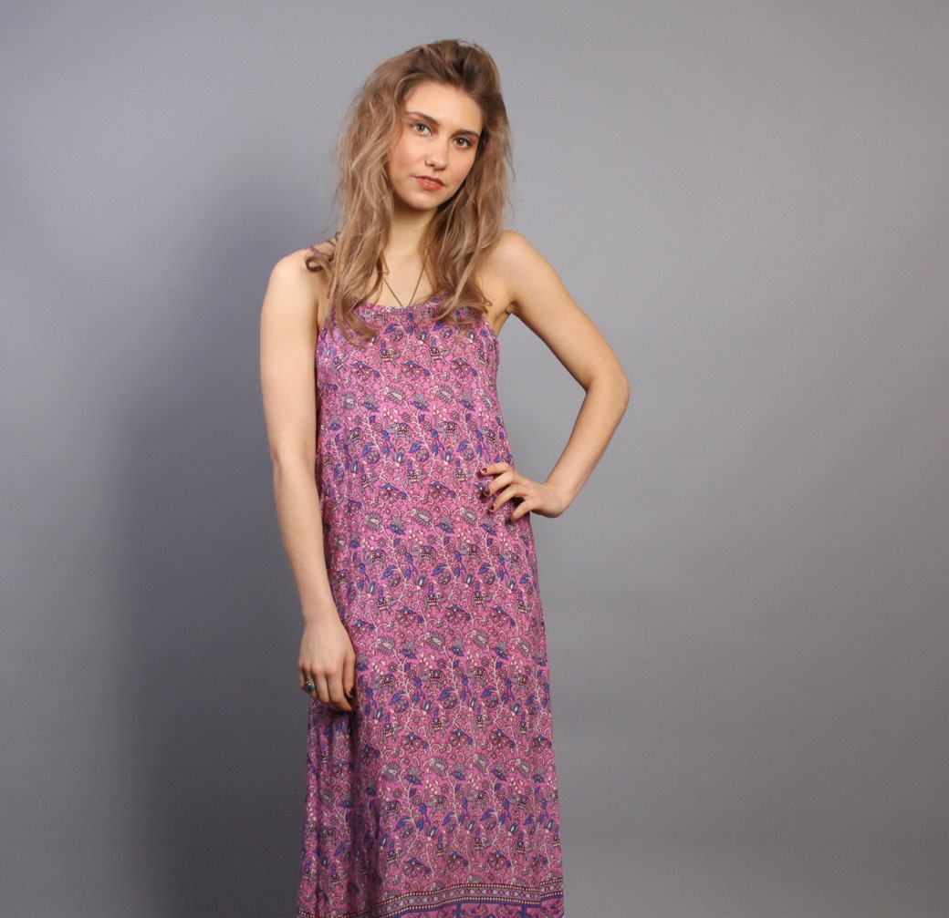 70s Indian Gauze SUN DRESS / Pink Ethnic Elephant Print Maxi, xs-s