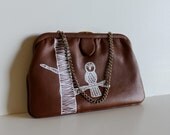 Wise One - VINTAGE brown CLUTCH with hand painted OWL