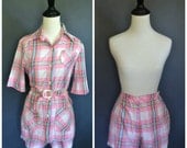 1960s Shorts Outfit / Pink Plaid Belted Top with Matching Shorts / size medium