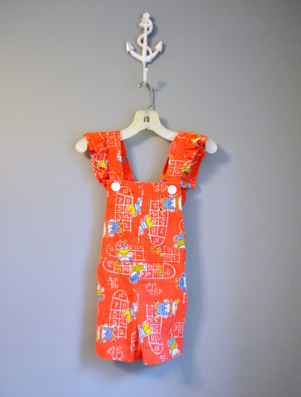 70s Toddler Romper by Healthtex/ Red Novelty Hopscotch Print Playsuit / Size 2T