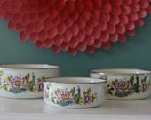 Vintage White Enamel and Metal Nesting Bowls with Peacock and Flowers