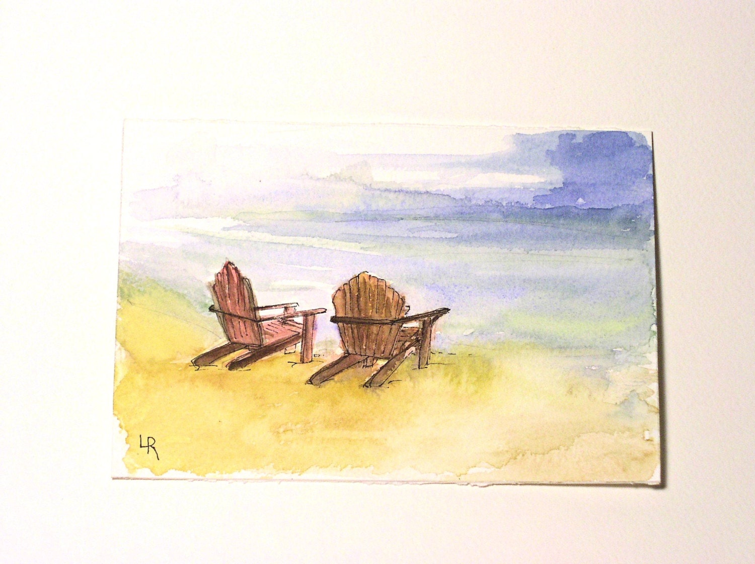 Watercolor Painting Illustration Landscape Ocean Beach Relax Original Artwork by Laurie Rohner