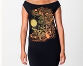 Owls and Jackalopes tshirt dress - eco-friendly gold and orange ink screenprint on black cotton - sizes S, M, L
