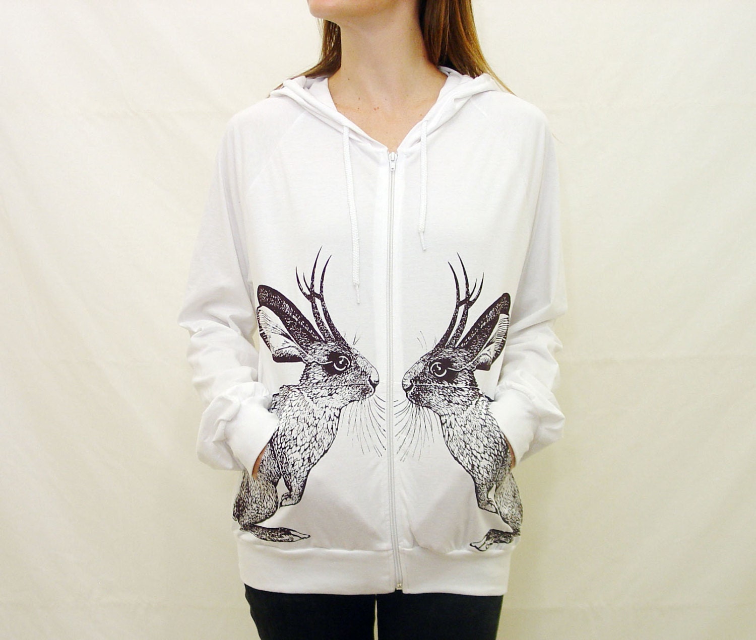 SALE - Kissing Jackalope lightweight hoodie - eco-friendly brown ink screenprint on white cotton - Unisex size Medium