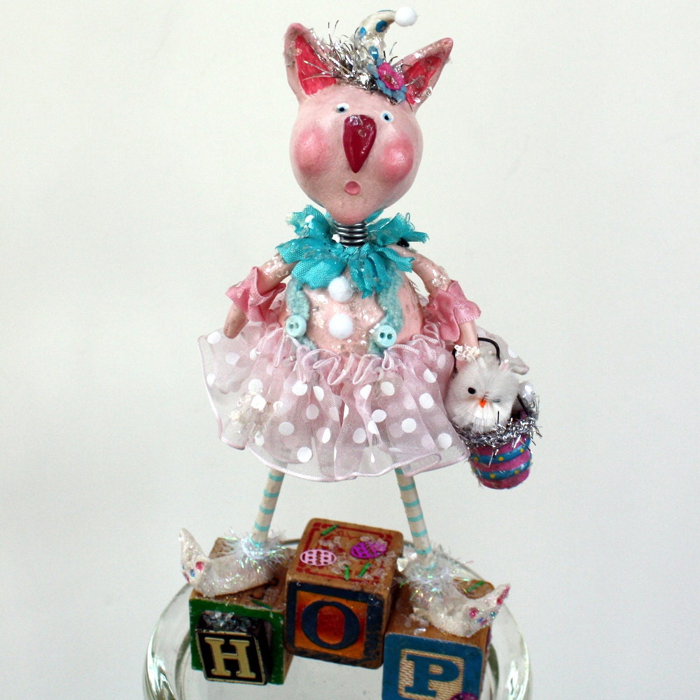 Tulip Bunnykins - Whimsical Easter  Bunny Paperclay Collectible Art Doll